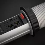 Desktop power strip with 3 sockets (2m cable, 2 USB ports, 2 RJ45 connectors, retractable on the table, mountable)
